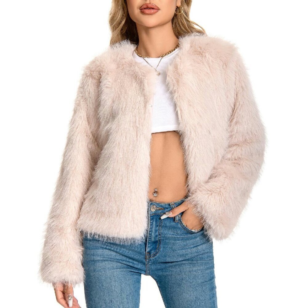 Plus Size Faux Fur Winter Coat with Pockets, Fluffy Jacket
